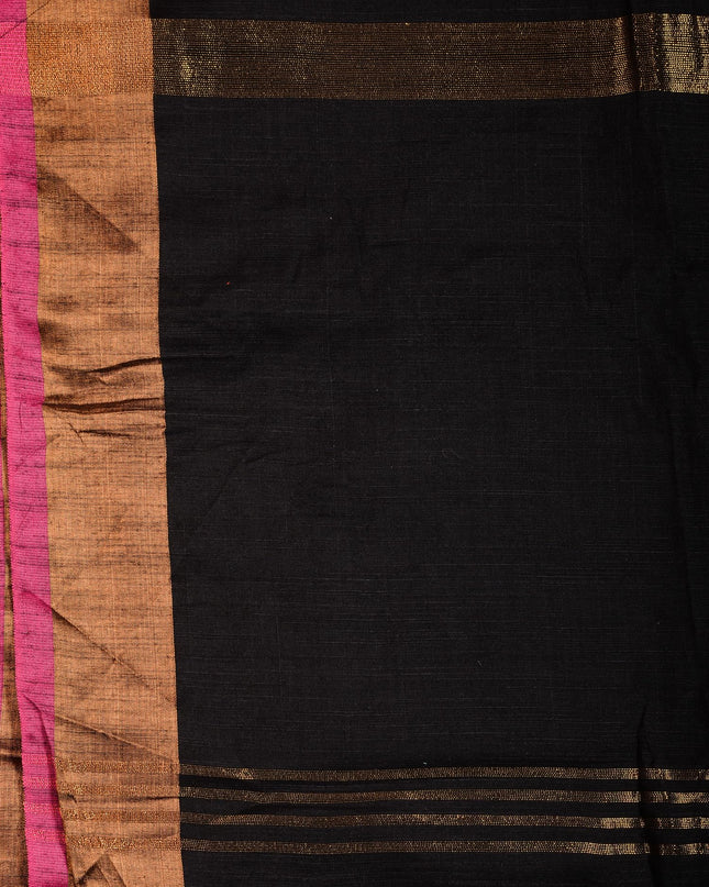 dB DESH BIDESH Women`s Cotton Silk ajrakh Saree with Gold Zari Border RoopZari Trendy Cotton Soft Silk Saree | Saree for Woman (Black Saree)