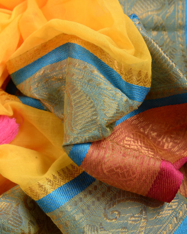 dB DESH BIDESH Women's Kanjivaram Soft Cotton Linen Silk Saree Rajrani Design Latest, Fancy South India Style Saree With Blouse Piece (Yellow Saree)