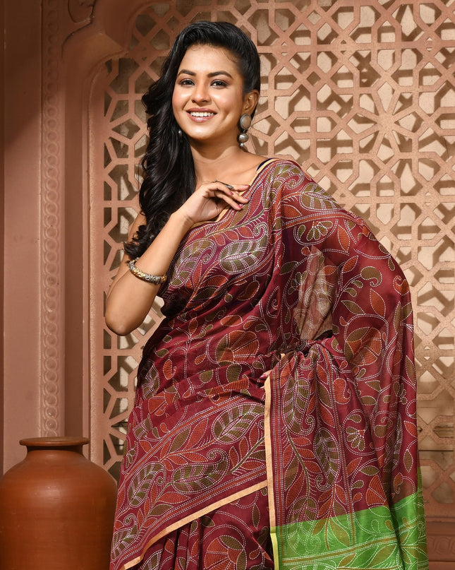 dB DESH BIDESH Women`s Cotton Saree For Woman Nakshakata Flower Kolka Leaf Embroidery Printed Trendy Soft Cotton Silk Women Sarees with Blouse Piece (Reddis Brown Green)