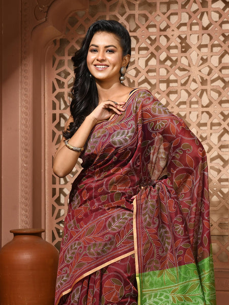 dB DESH BIDESH Women`s Cotton Saree For Woman Nakshakata Flower Kolka Leaf Embroidery Printed Trendy Soft Cotton Silk Women Sarees with Blouse Piece (Reddis Brown Green)