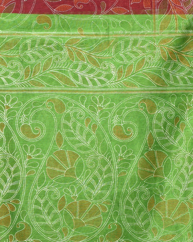 dB DESH BIDESH Women`s Cotton Saree For Woman Nakshakata Flower Kolka Leaf Embroidery Printed Trendy Soft Cotton Silk Women Sarees with Blouse Piece (Reddis Brown Green)