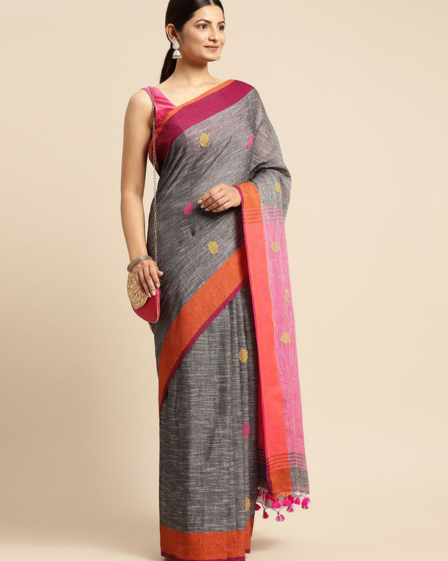 DESH BIDESH Charcoal Grey & Pink Geometric Design Pure Cotton Taant Saree