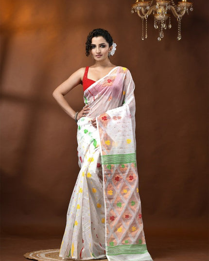 DESH BIDESH White and Red Floral Woven Design Jamdani Saree for Women