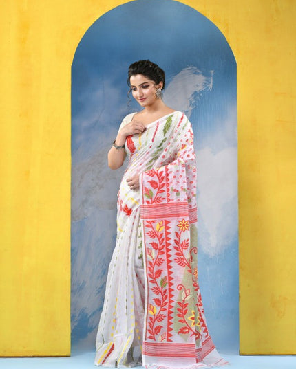Exquisite Handloom Cotton Blend Soft Dhakai Jamdani Saree with Woven Design