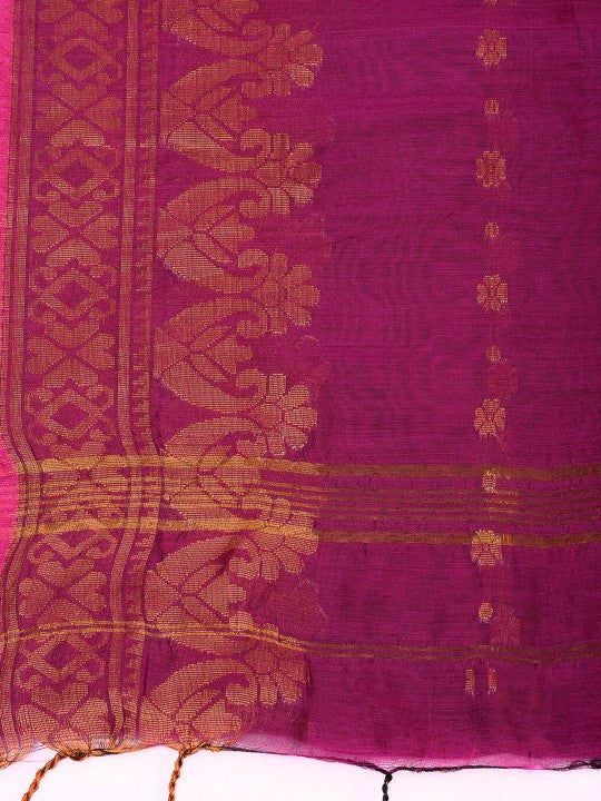 Exquisite Pink & Gold Woven Zari Pure Cotton Blend Saree with Intricate Floral Design