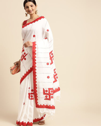 DESH BIDESH White & Red Printed Pure Cotton Taant Saree