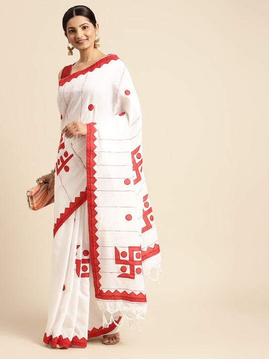 DESH BIDESH White & Red Printed Pure Cotton Taant Saree