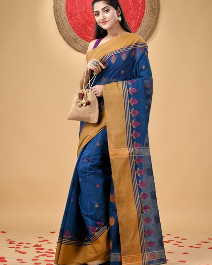 Exquisite Pure Handloom Cotton Taant Saree with Elegant Ethnic Motifs