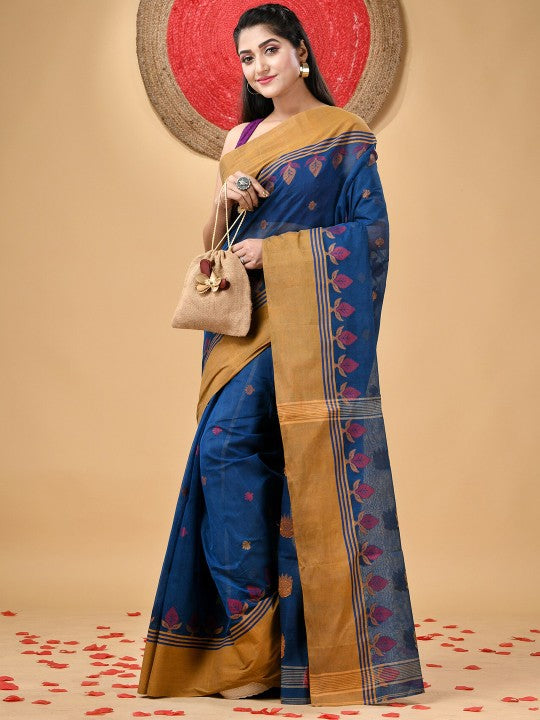 Exquisite Pure Handloom Cotton Taant Saree with Elegant Ethnic Motifs