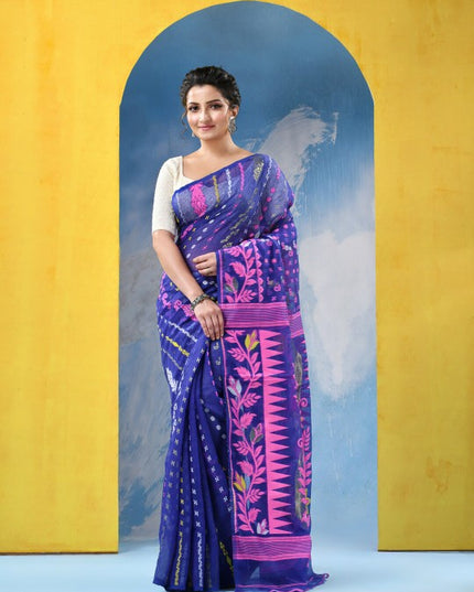 Exquisite Jamdani Cotton Blend Saree: Blue & Pink Woven Design with Solid Border