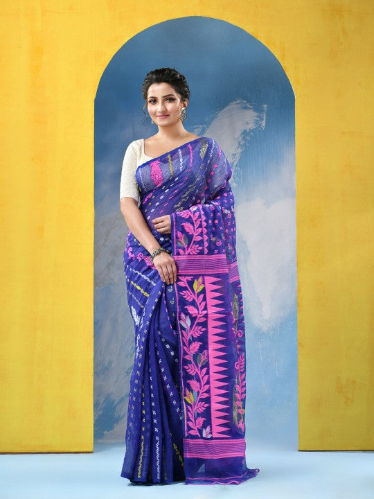 Exquisite Jamdani Cotton Blend Saree: Blue & Pink Woven Design with Solid Border