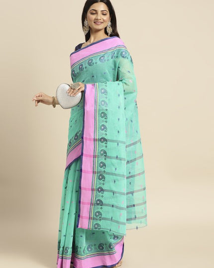 DESH BIDESH Blue Woven Design Pure Cotton Taant Saree