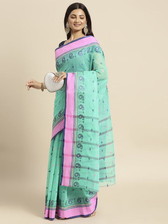 DESH BIDESH Blue Woven Design Pure Cotton Taant Saree