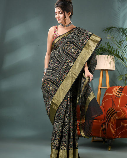 DESH BIDESH Warli Printed Bandhani Saree With Blouse Piece