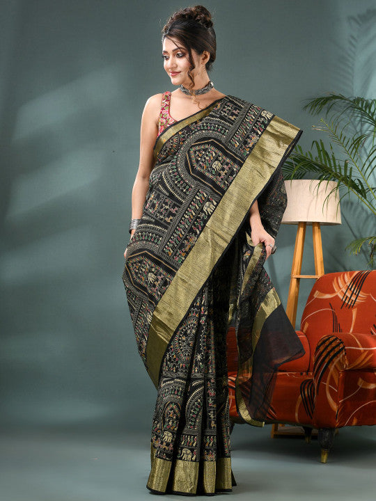 DESH BIDESH Warli Printed Bandhani Saree With Blouse Piece