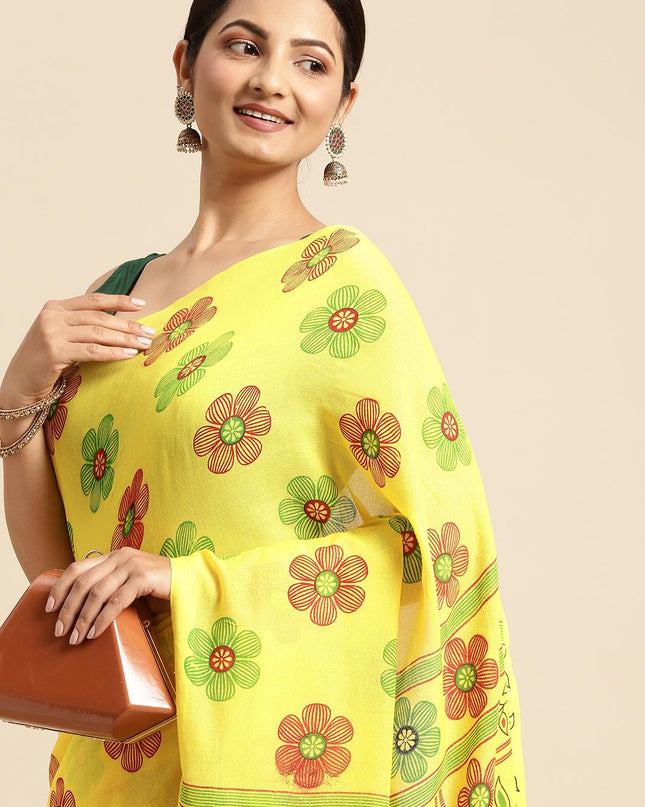 DESH BIDESH Yellow & Maroon Floral Print Pure Cotton Taant Saree