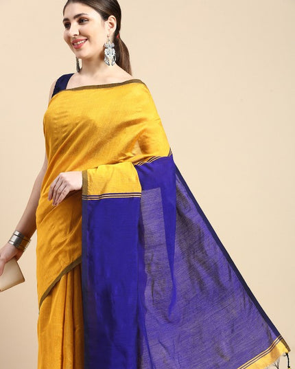 DESH BIDESH Ghicha Cotton Colourblocked Saree: Elegant Mustard & Blue Blend