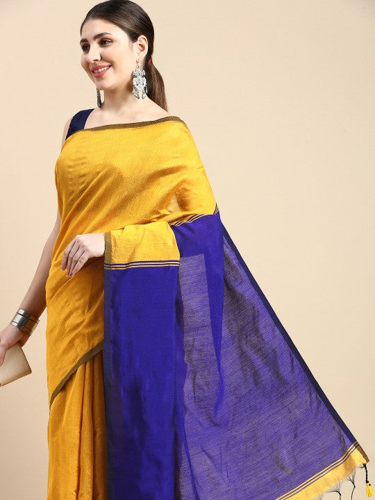 DESH BIDESH Ghicha Cotton Colourblocked Saree: Elegant Mustard & Blue Blend