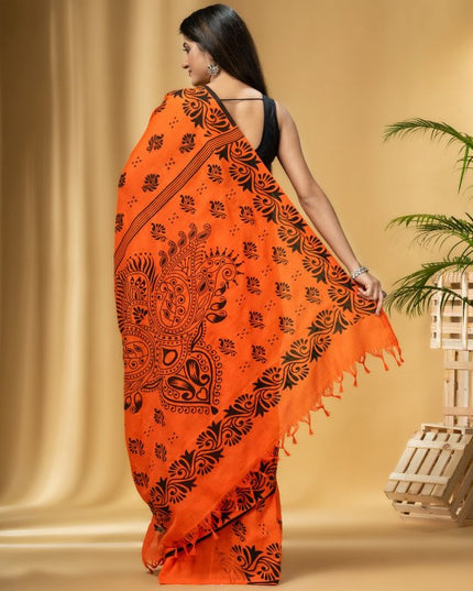 Orange & Black Ethnic Motifs Printed Pure Cotton Handloom Taant Saree