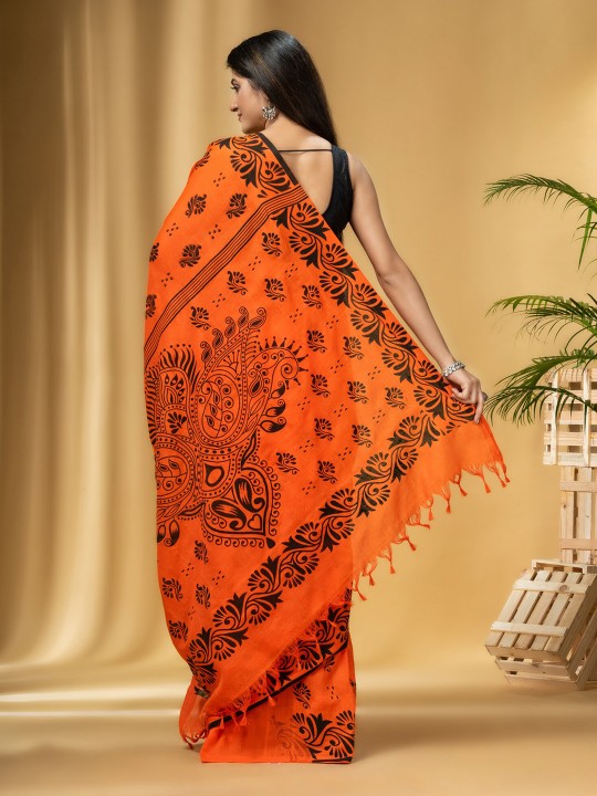 Orange & Black Ethnic Motifs Printed Pure Cotton Handloom Taant Saree