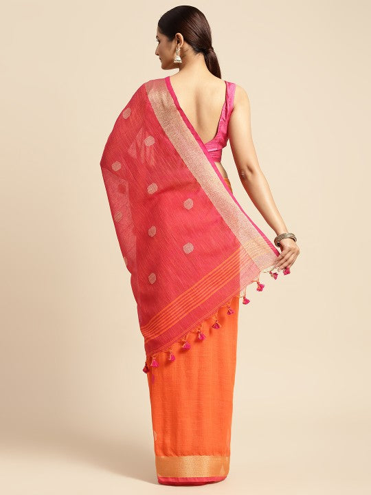 DESH BIDESH Orange & Beige Geometric Design Pure Cotton Taant Saree