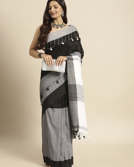 DESH BIDESH Black & Grey Woven Design Pure Cotton Taant Saree