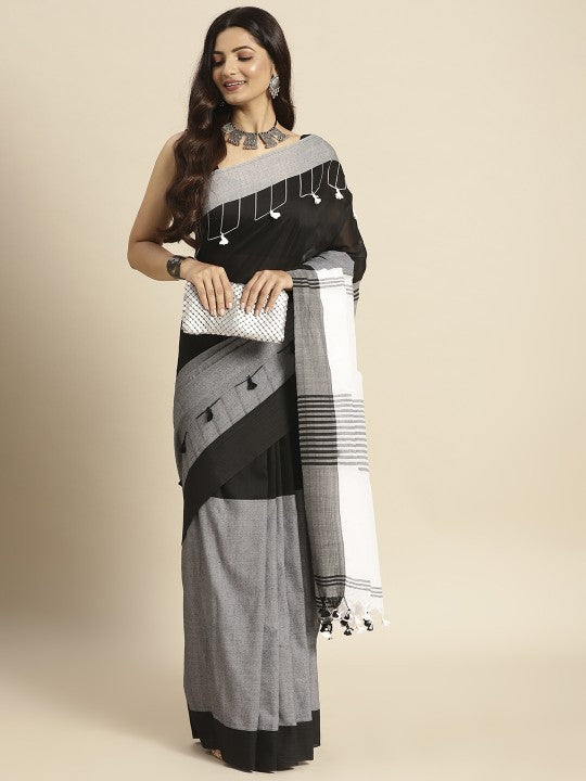 DESH BIDESH Black & Grey Woven Design Pure Cotton Taant Saree