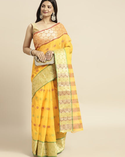 DESH BIDESH Red & Yellow Pure Cotton Taant Saree