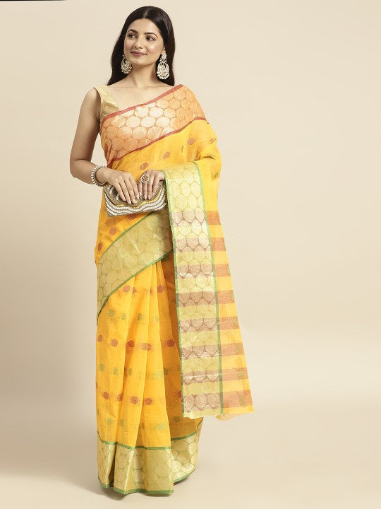 DESH BIDESH Red & Yellow Pure Cotton Taant Saree