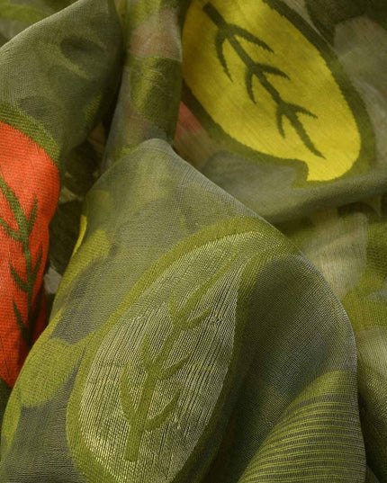 DESH BIDESH Elegant White & Green Paisley Woven Phulkari Jamdani Saree