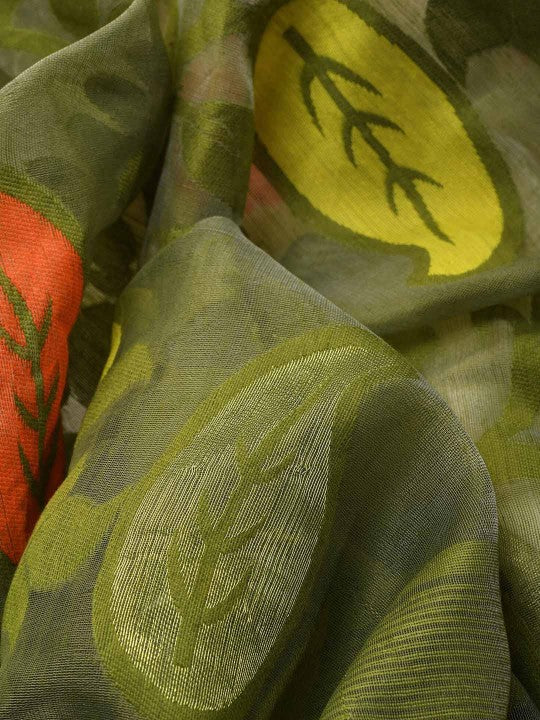 DESH BIDESH Elegant White & Green Paisley Woven Phulkari Jamdani Saree