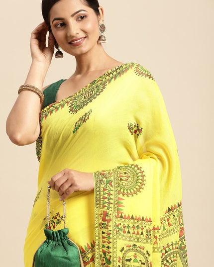 DESH BIDESH Yellow & Green Warli Pure Cotton Taant Saree