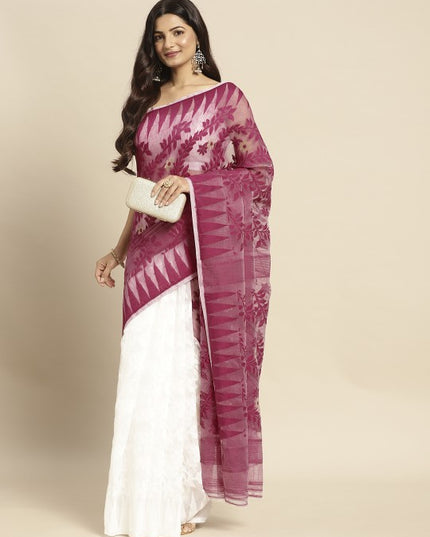 DESH BIDESH Magenta & White Ethnic Motifs Pure Cotton Taant Saree