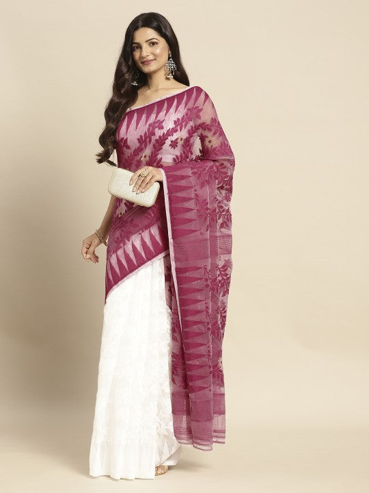 DESH BIDESH Magenta & White Ethnic Motifs Pure Cotton Taant Saree