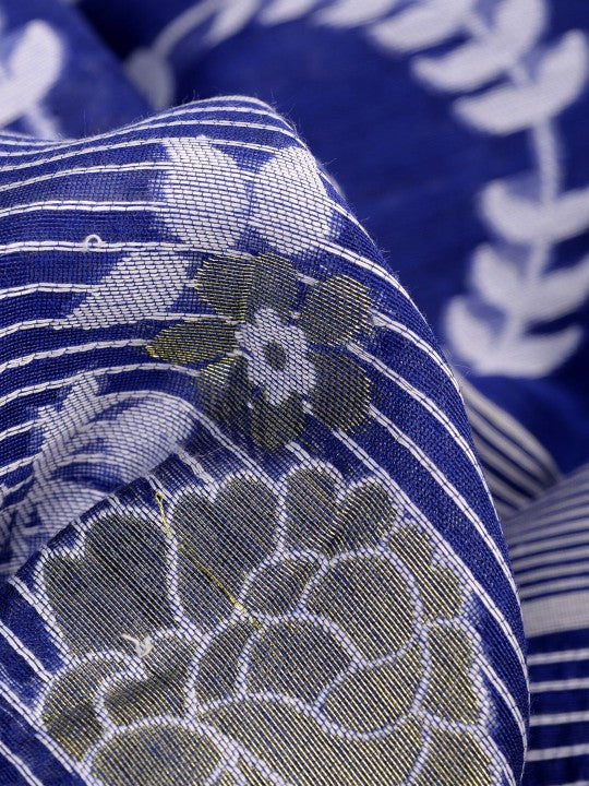 DESH BIDESH Blue & White Woven Design Zari Jamdani Saree with Border