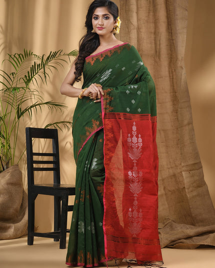 DESH BIDESH Green Red Woven Design Zari Silk Cotton Taant Saree