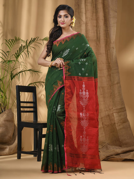 DESH BIDESH Green Red Woven Design Zari Silk Cotton Taant Saree