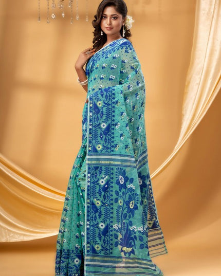 DESH BIDESH Turquoise Blue White Floral Woven Pure Cotton Jamdani Saree