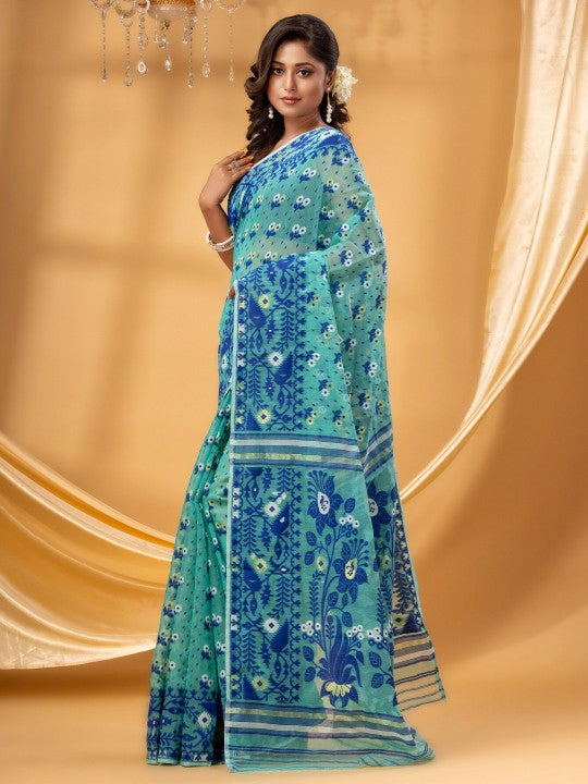 DESH BIDESH Turquoise Blue White Floral Woven Pure Cotton Jamdani Saree