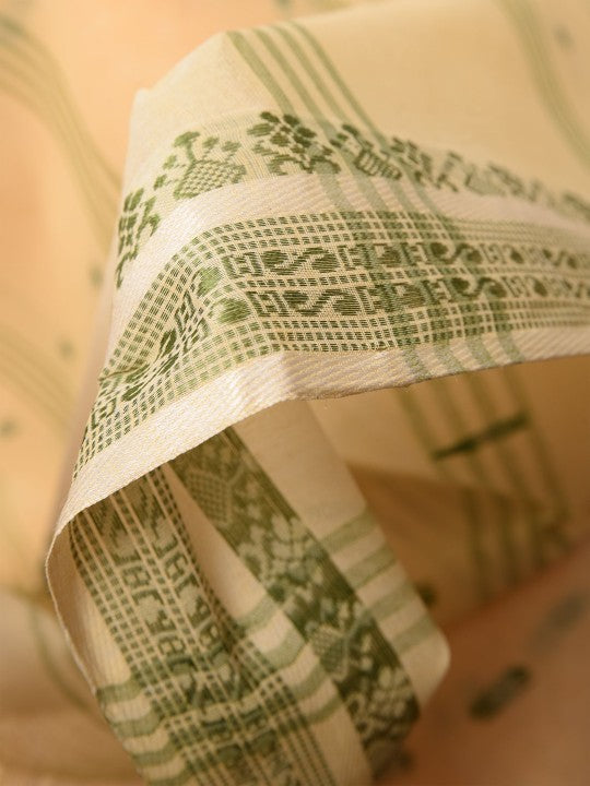 Exquisite Off-White & Green Pure Cotton Saree with Ethnic Woven Motifs