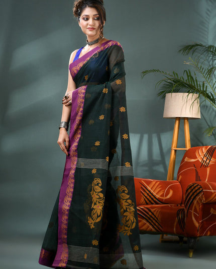 DESH BIDESH Woven Design Pure Cotton Taant Saree with Blouse Piece