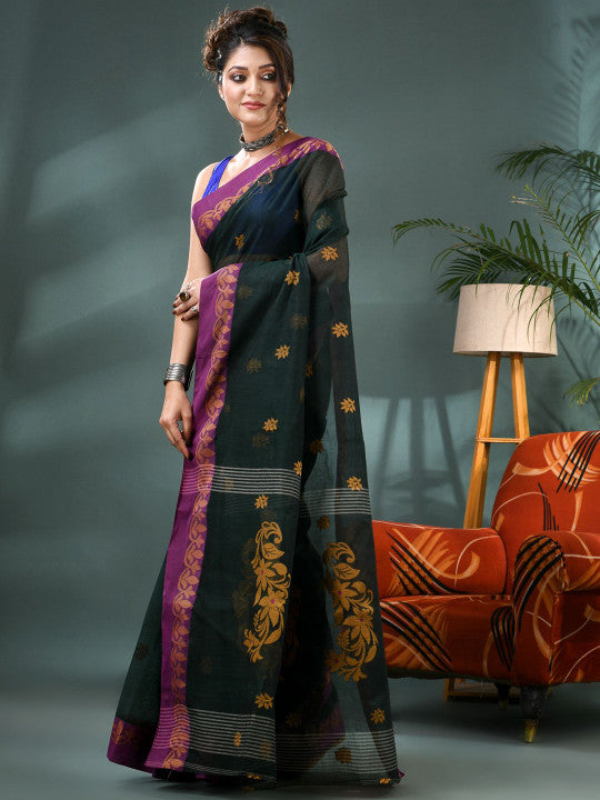 DESH BIDESH Woven Design Pure Cotton Taant Saree with Blouse Piece