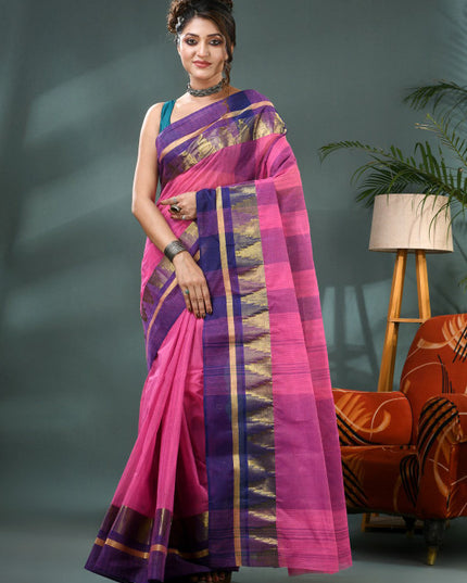 DESH BIDESH Striped Zari Pure Cotton Taant Saree