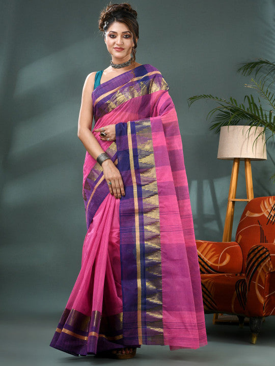 DESH BIDESH Striped Zari Pure Cotton Taant Saree