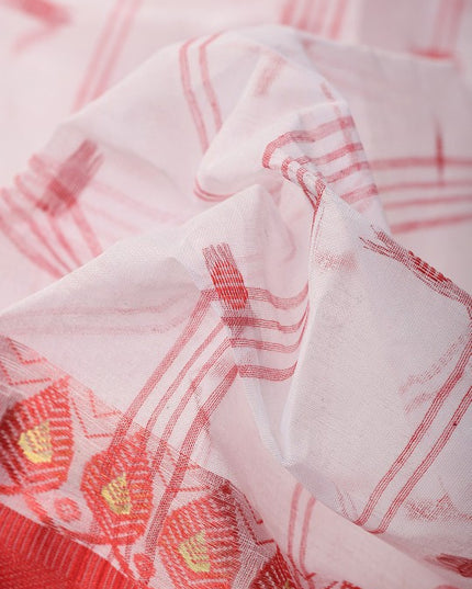 Exquisite White & Red Pure Cotton Taant Saree with Ethnic Motifs