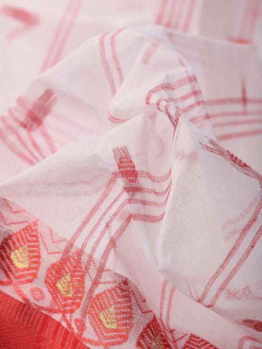 Exquisite White & Red Pure Cotton Taant Saree with Ethnic Motifs