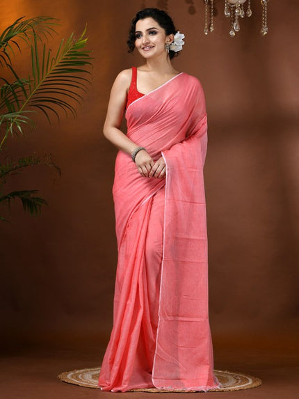 DESH BIDESH Solid Soft Mulmul Cotton Saree with Elegant Solid Border