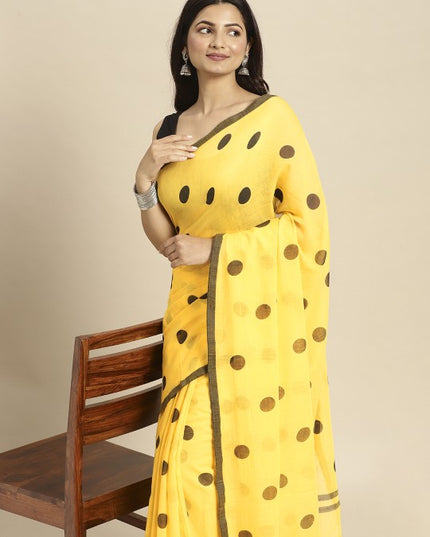 DESH BIDESH Yellow & Black Polka Dot Pure Cotton Taant Saree