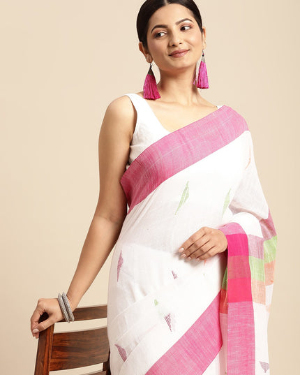 DESH BIDESH White & Pink Geometric Design Pure Cotton Taant Saree