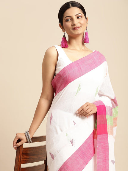 DESH BIDESH White & Pink Geometric Design Pure Cotton Taant Saree